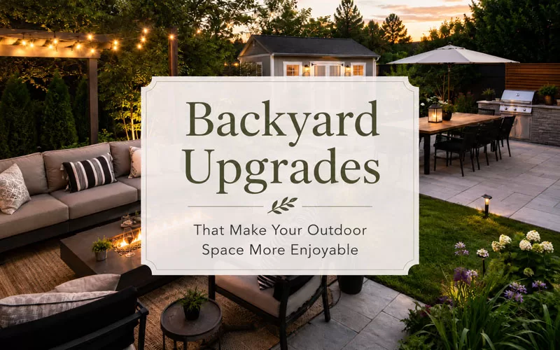 Backyard with seating, dining, a fire pit, landscaping, and a shed