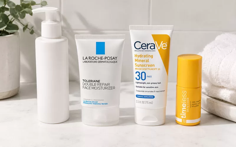Simple skincare routine with cleanser, moisturizer, sunscreen, and vitamin C treatment