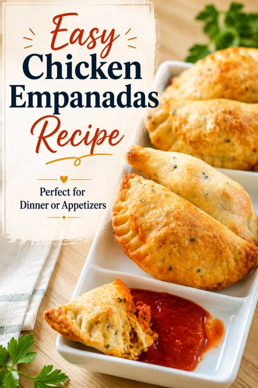 Pinterest image for Easy Chicken Empanadas Recipe showing golden empanadas with red dipping sauce and text that says perfect for dinner or appetizers.
