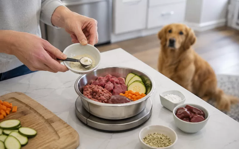 Hands measuring ingredients while preparing a raw dog food meal with a dog waiting nearby
