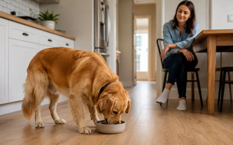 Golden retriever calmly eating from a bowl while its owner watches nearby