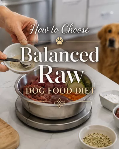 Preparing a balanced raw dog food meal while a dog waits in the kitchen