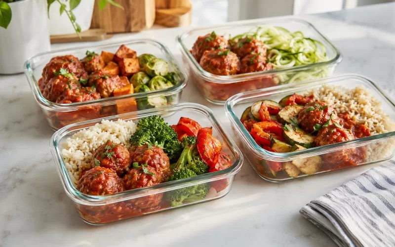 Glass meal prep containers filled with turkey meatballs in marinara sauce, rice, zucchini noodles, broccoli, peppers, and roasted vegetables.