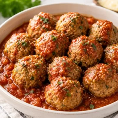 Turkey meatballs in marinara sauce served in a white bowl with fresh herbs, garlic, parsley, and grated cheese on a bright kitchen counter.