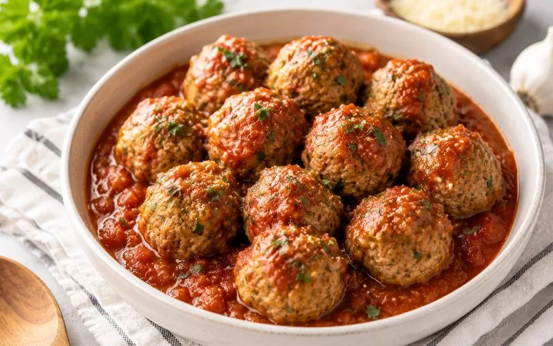 Turkey meatballs in marinara sauce served in a white bowl with fresh herbs, garlic, parsley, and grated cheese on a bright kitchen counter.