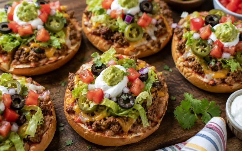 Loaded taco pizzas topped with seasoned beef, melted cheese, lettuce, tomatoes, jalapeños, olives, sour cream, and guacamole