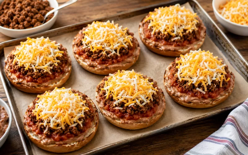 Taco pizza bagels layered with refried beans, salsa, seasoned beef, and shredded cheese on a baking sheet