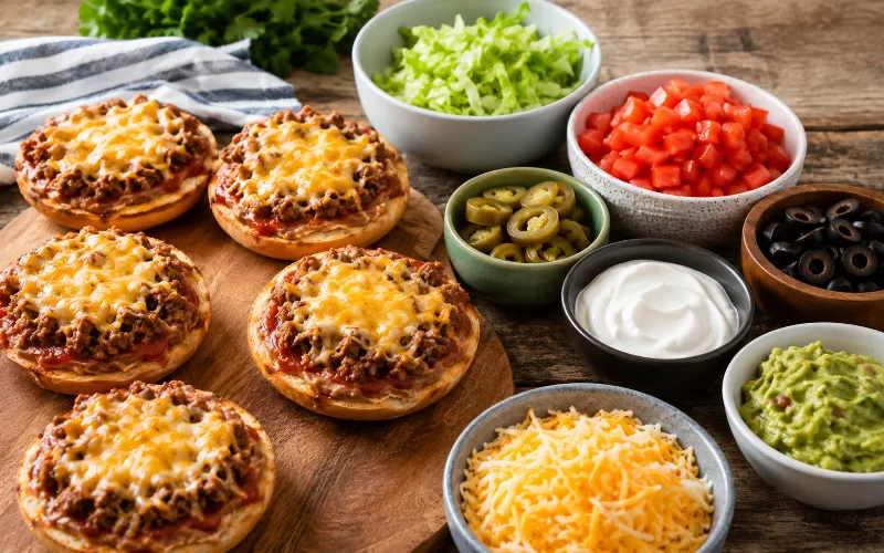 Plain taco pizzas beside bowls of lettuce, tomatoes, jalapeños, olives, sour cream, guacamole, and shredded cheese