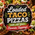 Loaded taco pizzas surrounding a bold centered title graphic