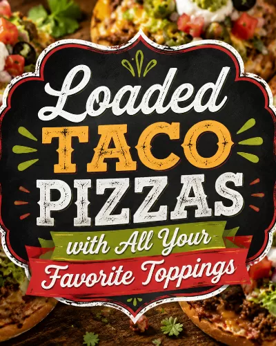 Loaded taco pizzas surrounding a bold centered title graphic