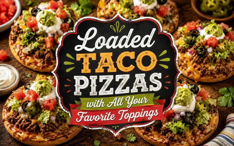 Loaded taco pizzas surrounding a bold centered title graphic