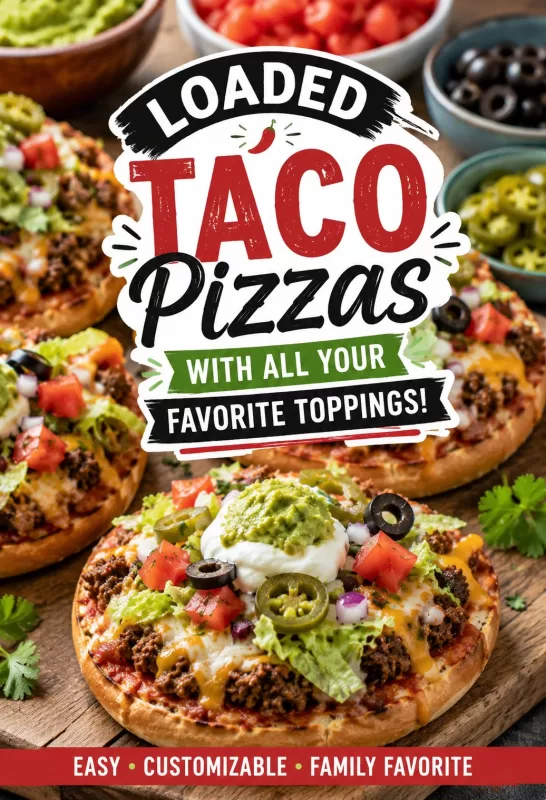 Loaded taco pizza topped with beef, cheese, lettuce, tomatoes, jalapeños, olives, sour cream, and guacamole