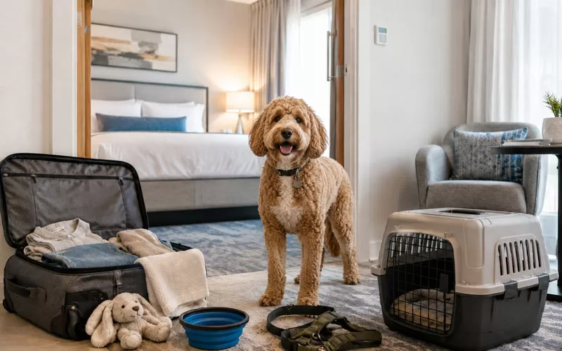 Dog standing in a pet-friendly hotel room with a suitcase, carrier, collapsible bowl, and travel gear nearby.