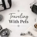 Pet travel essentials arranged around the words Traveling With Pets, including a carrier, bowl, leash, harness, treats, blanket, and travel bag.