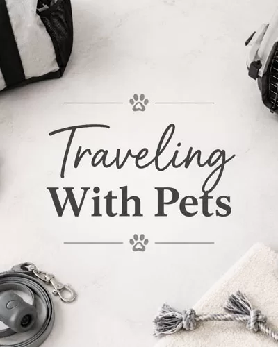 Pet travel essentials arranged around the words Traveling With Pets, including a carrier, bowl, leash, harness, treats, blanket, and travel bag.