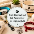 Cute personalized pet accessories for dogs and cats with custom collars, an engraved pet tag, a personalized pet bowl, leash, blanket, and toys.