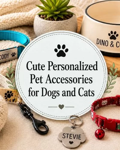 Cute personalized pet accessories for dogs and cats with custom collars, an engraved pet tag, a personalized pet bowl, leash, blanket, and toys.
