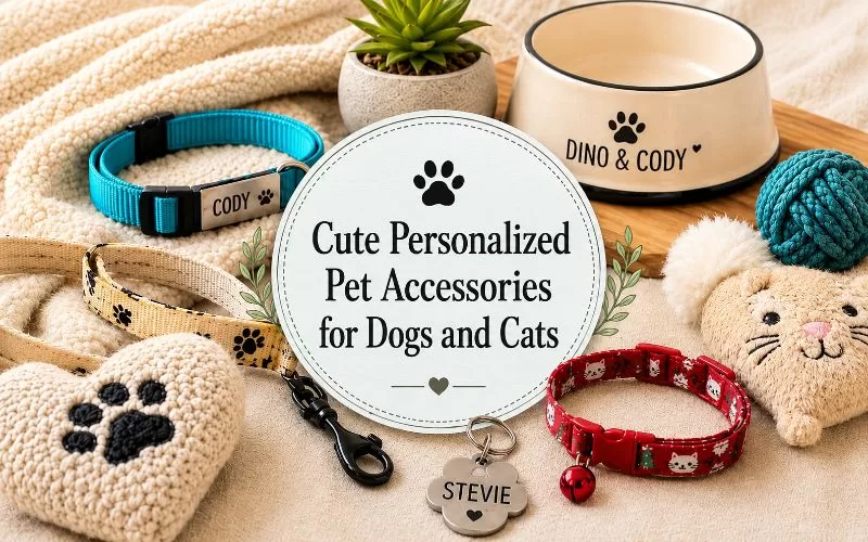 Cute personalized pet accessories for dogs and cats with custom collars, an engraved pet tag, a personalized pet bowl, leash, blanket, and toys.