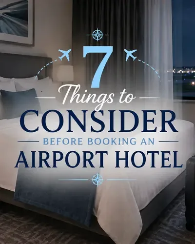 Modern hotel room with a made bed, rolling suitcase, charging phone, and airport runway lights outside the window.