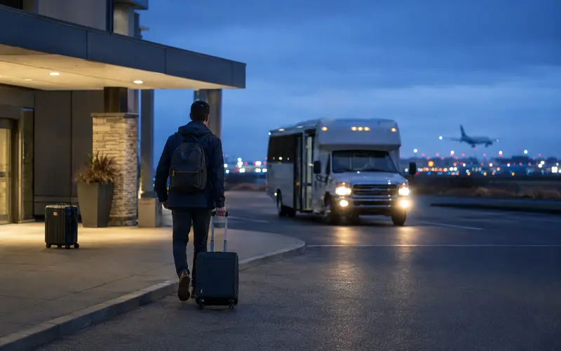 Traveler leaving an airport-area hotel with luggage before an early morning flight