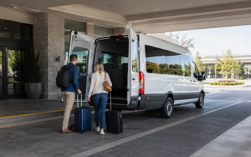Travelers with luggage preparing to board an airport hotel shuttle