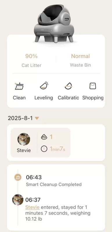 Neakasa app showing cat litter level, waste bin status, cleanup history, and cat use details