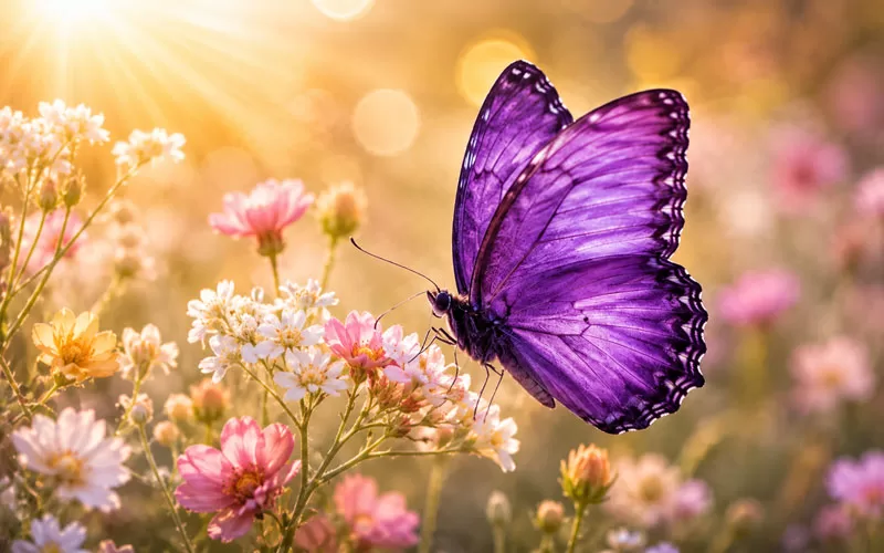 Purple butterfly resting on pink and white flowers in warm golden sunlight