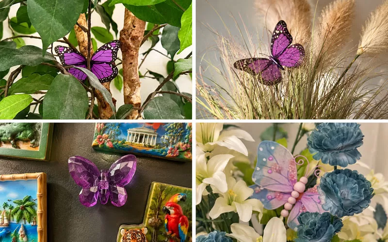 Purple butterfly decorations displayed throughout different rooms of a home