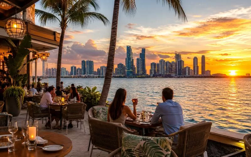 Waterfront dining in Miami at sunset with palm trees, Biscayne Bay views, glowing sky, and diners enjoying dinner by the water.