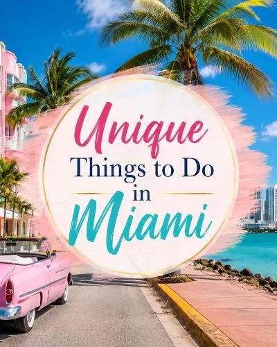Featured image for unique things to do in Miami with Art Deco buildings, palm trees, turquoise water, skyline views, and a pink vintage convertible.