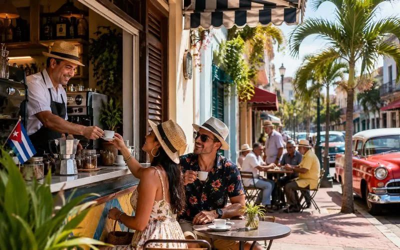 Little Havana café street scene in Miami with Cuban coffee, outdoor seating, palm trees, colorful buildings, and visitors enjoying a sunny afternoon.