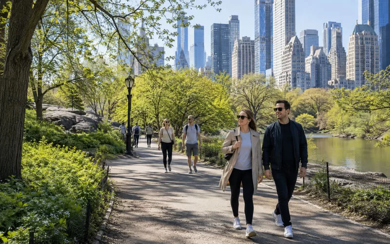 People walking through Central Park on a tree-lined path with sunglasses, comfortable shoes, greenery, and the Manhattan skyline in the background.