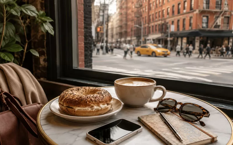 Cozy New York café table with a bagel, coffee, phone, sunglasses, travel notebook, and city street view through the window.