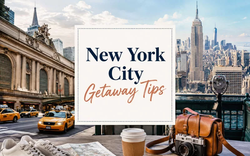 New York City getaway tips graphic with Manhattan travel elements, city skyline, coffee, walking shoes, and subway-inspired details.