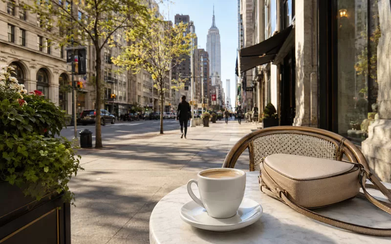 Coffee cup and crossbody bag on a café table overlooking a bright Manhattan street during a New York City getaway.