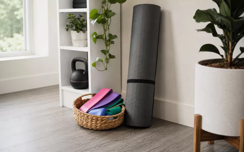 Resistance loop bands stored in a woven basket beside a rolled yoga mat on grey flooring in a bright home workout corner.