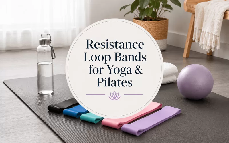 Resistance loop bands on a yoga mat with a water bottle, Pilates ball, towel, and centered title graphic for yoga and Pilates.