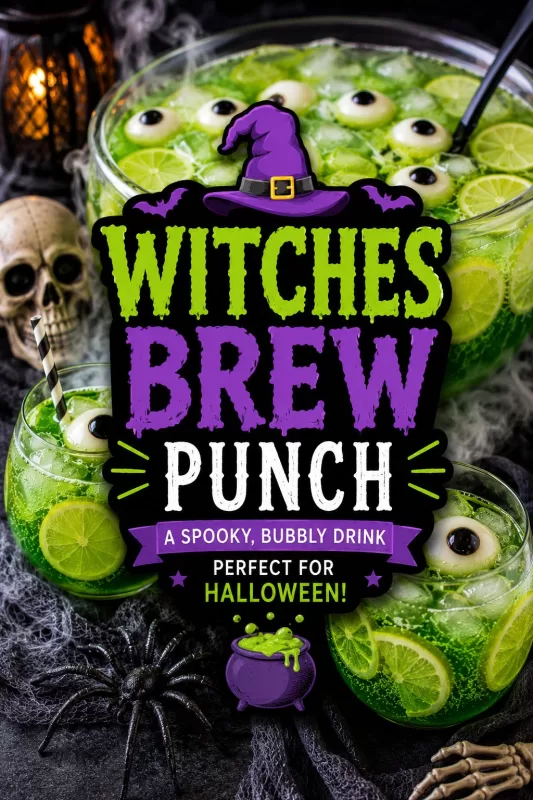 Pinterest graphic for witches brew punch featuring spooky green Halloween punch with candy eyeballs, lime slices, skull decorations, and bold witches brew punch text overlay.