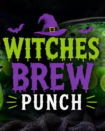 Halloween witches brew punch with glowing green soda, floating eyeball candies, lime slices, and spooky decorations featuring a centered witches brew punch graphic.