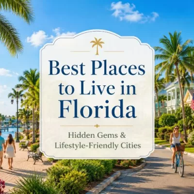 Featured image for best places to live in Florida showing palm trees, coastal homes, a marina, cyclists, and a centered title graphic.