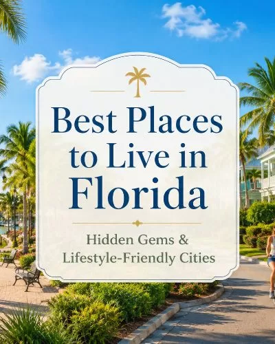 Featured image for best places to live in Florida showing palm trees, coastal homes, a marina, cyclists, and a centered title graphic.
