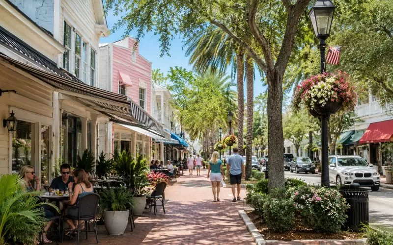 Walkable Florida downtown with palm trees, pastel storefronts, outdoor cafes, flower baskets, and people strolling along a shaded sidewalk.