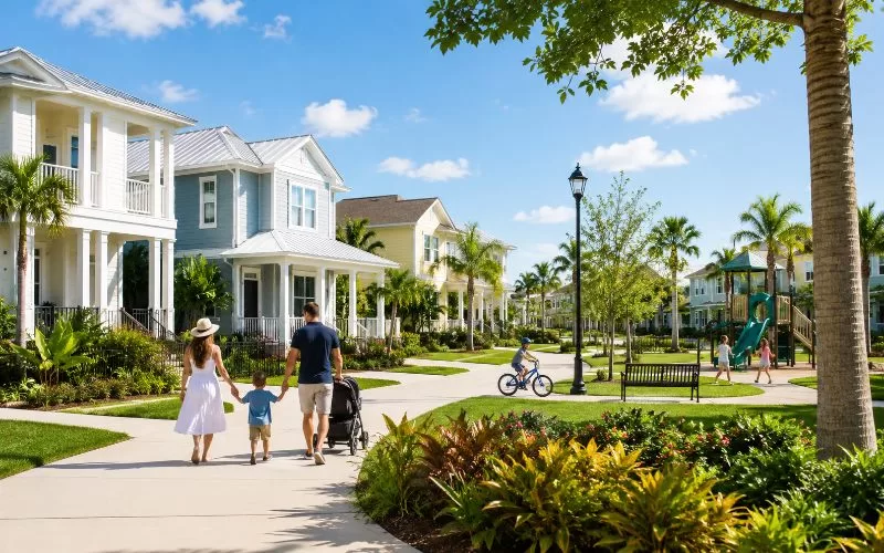 Family-friendly Florida neighborhood with new construction homes, palm trees, sidewalks, children biking, and parents walking through a sunny community.