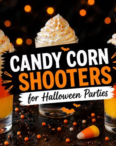 Halloween candy corn shooters with layered orange, yellow, and cream-colored shots topped with whipped cream and festive sprinkles in a spooky party setting.