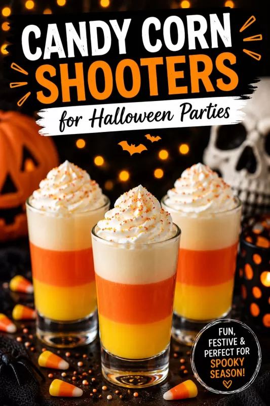 Pinterest graphic featuring layered candy corn shooters topped with whipped cream, festive sprinkles, and candy corn in a spooky Halloween party setting.