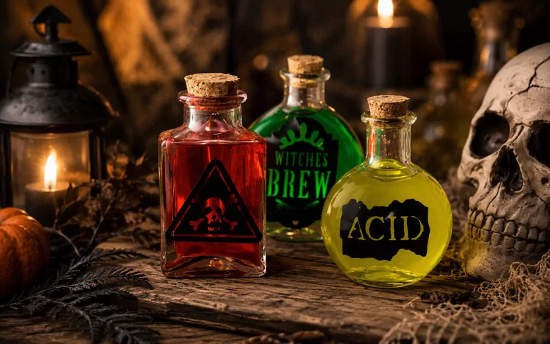 Halloween potion bottles with red, green, and yellow liquid on a rustic table with candles and a skull