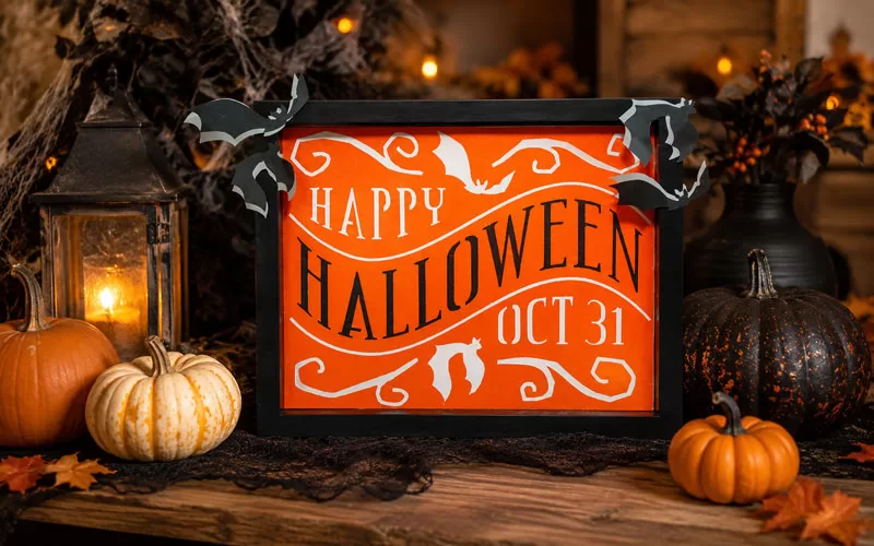 Halloween sign with pumpkins, a lantern, bats, and warm seasonal decor on a rustic tabletop
