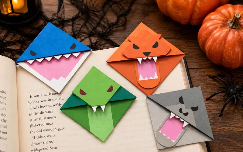 Colorful monster corner bookmarks on an open book with pumpkins, spiderweb fabric, and Halloween decor