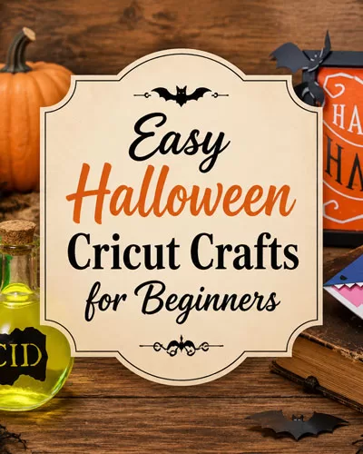 Halloween Cricut crafts displayed with potion bottles, monster bookmarks, a Halloween sign, pumpkins, candles, and a centered title graphic
