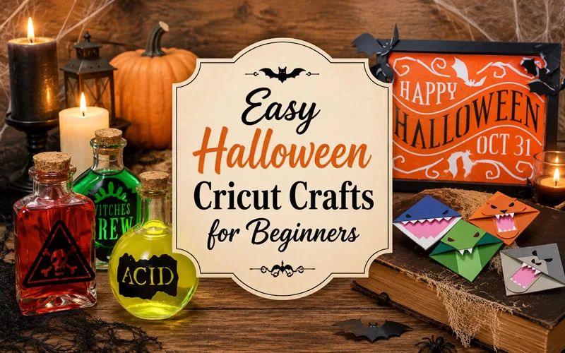 Halloween Cricut crafts displayed with potion bottles, monster bookmarks, a Halloween sign, pumpkins, candles, and a centered title graphic